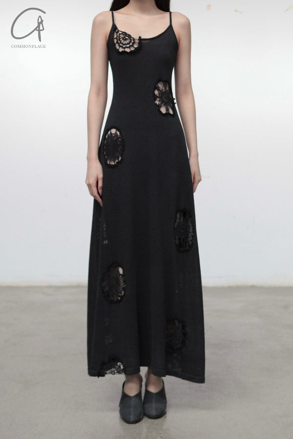 SWAYING 24 Autumn and Winter Crochet Splicing Suspender Long Skirt SW-SW24AW2L09-HEIHUI Black and Gray SW-SW24AW2L08